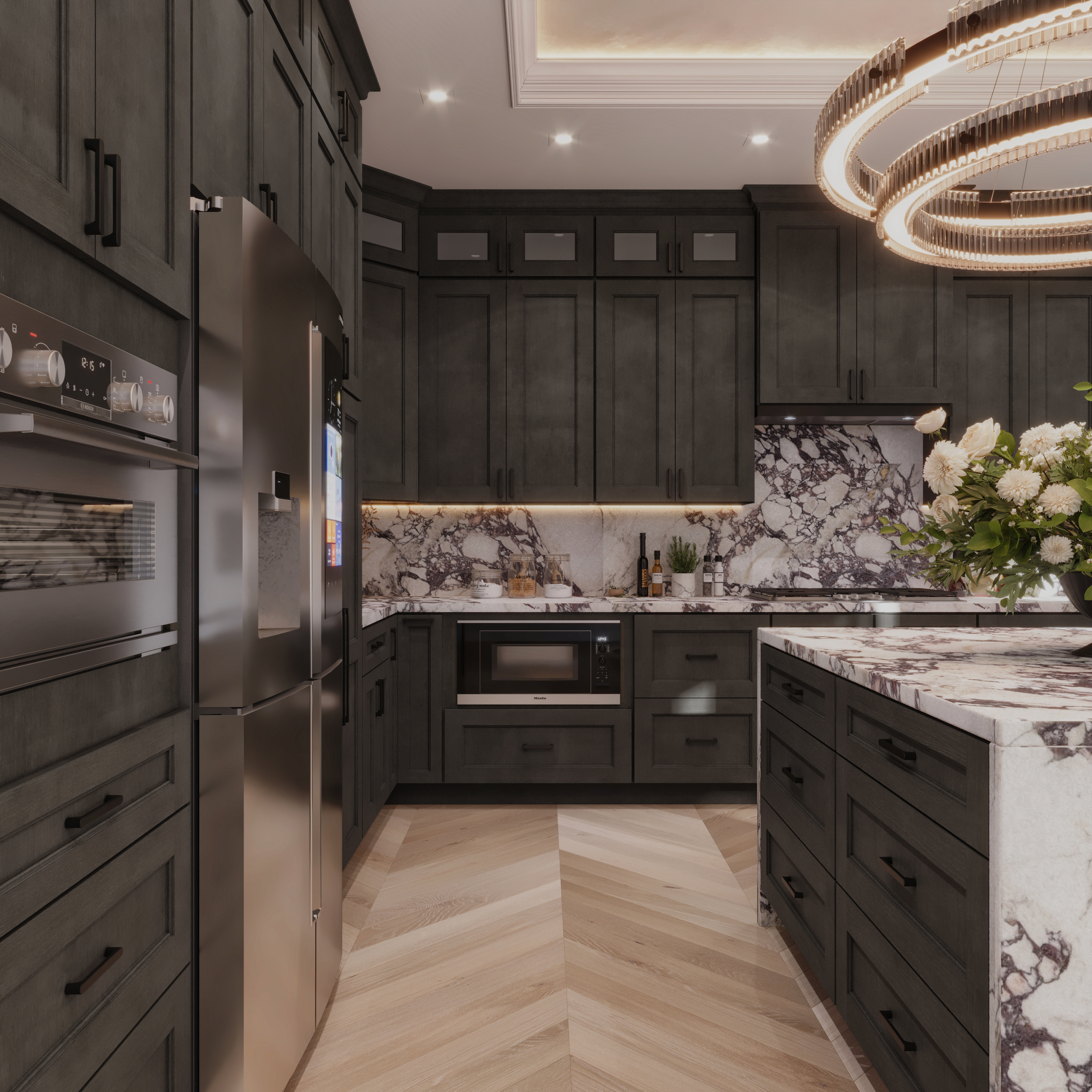 St Charles dark shaker kitchen cabinets with veined countertops