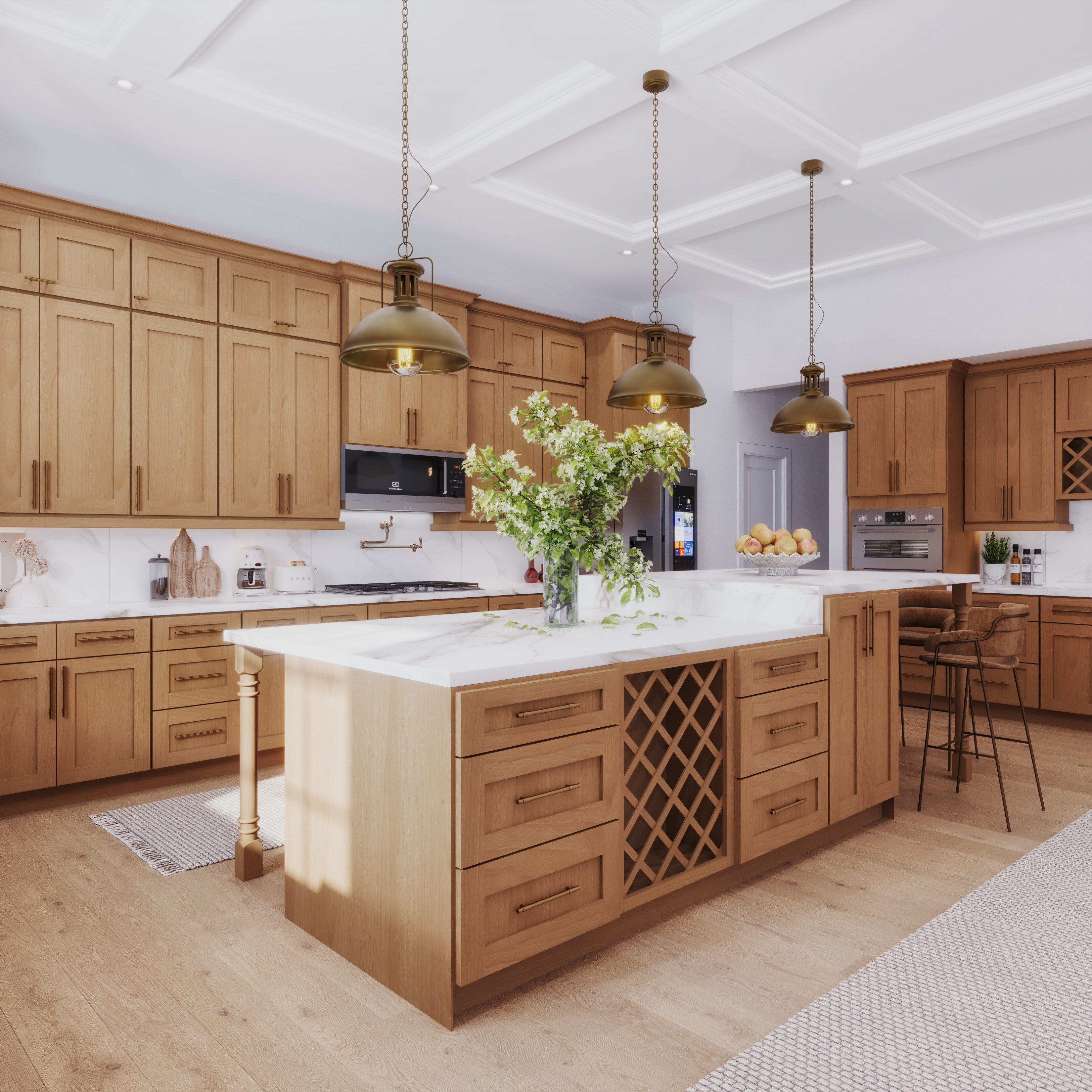 St Charles Beechwood shaker kitchen with a coffered ceiling
